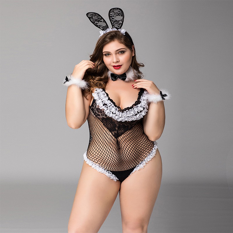 Plus Lace & Fishnet Bunny Costume Set Teddy Bodysuit – P71103